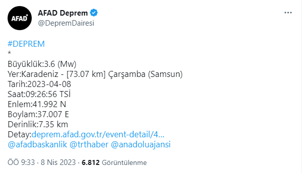 Karadeniz’de 3,6 büyüklüğünde deprem!
