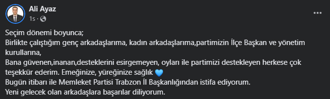 Memleket Partisi Trabzon’da İl Başkanı istifa etti!