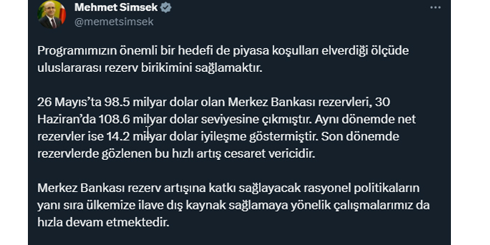 Bakan Şimşek rakamı paylaştı! Merkez Bankası rezervlerinde hızlı artış 