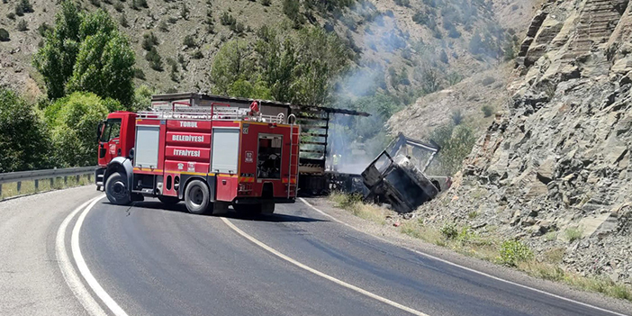 Gümüşhane'de dağa çarpan tır cayır cayır yandı