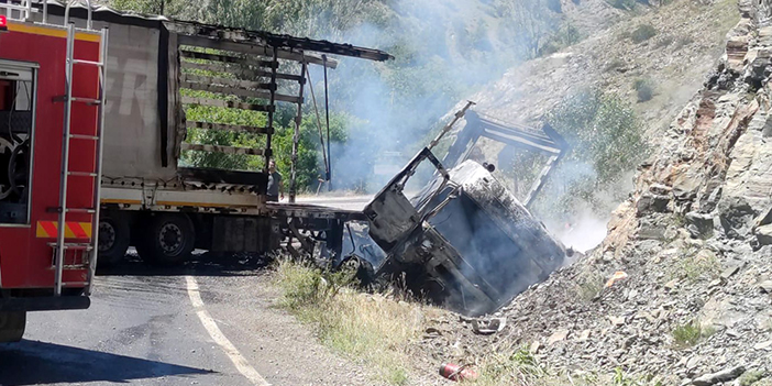 Gümüşhane'de dağa çarpan tır cayır cayır yandı