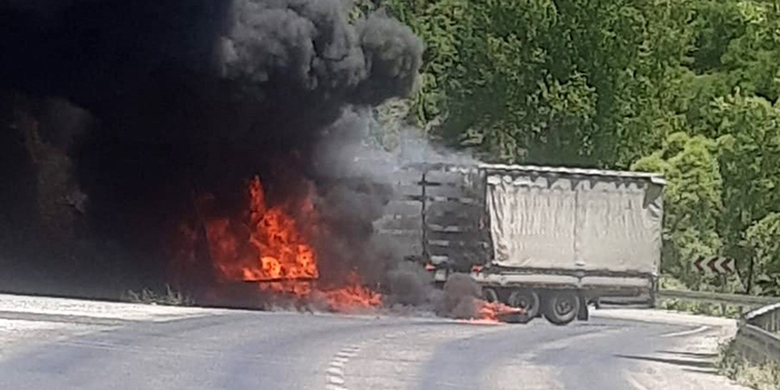 Gümüşhane'de dağa çarpan tır cayır cayır yandı