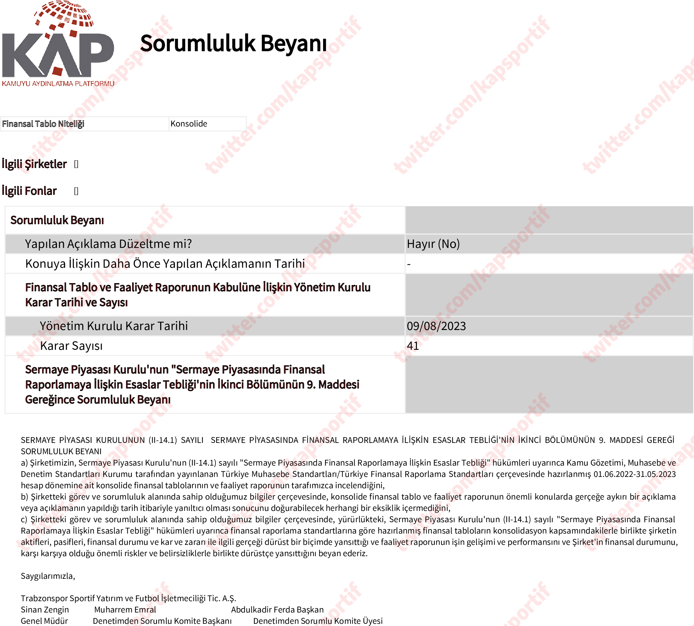 Trabzonspor’dan KAP geldi! Finansal raporlar ve daha fazlası