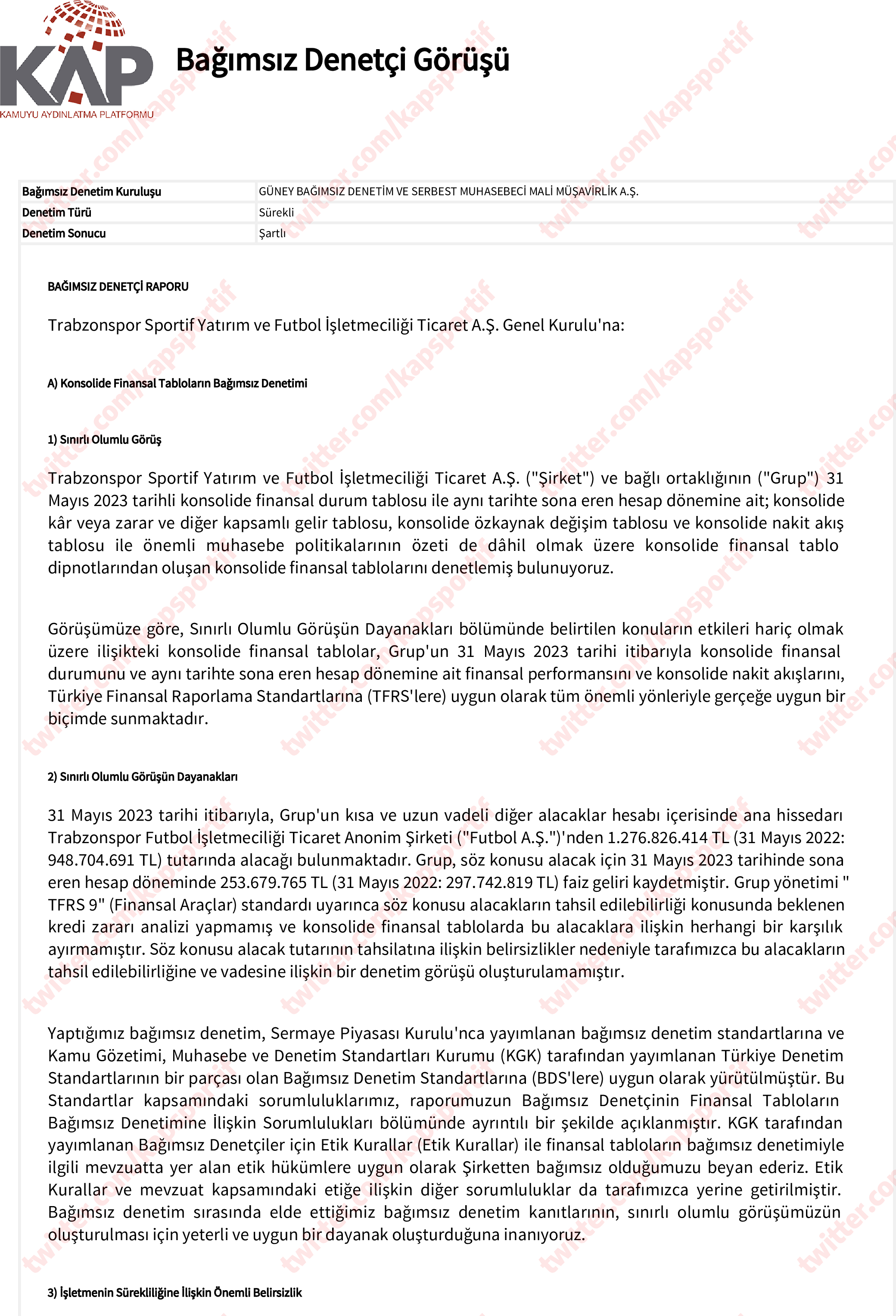 Trabzonspor’dan KAP geldi! Finansal raporlar ve daha fazlası