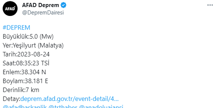 AFAD açıkladı! Malatya'da 5.0 büyüklüğünde deprem