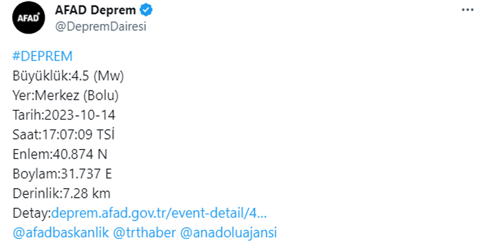 Bolu’da 4.5 büyüklüğünde deprem