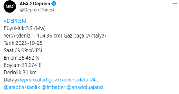 Antalya’da 3.9 büyüklüğünde deprem!