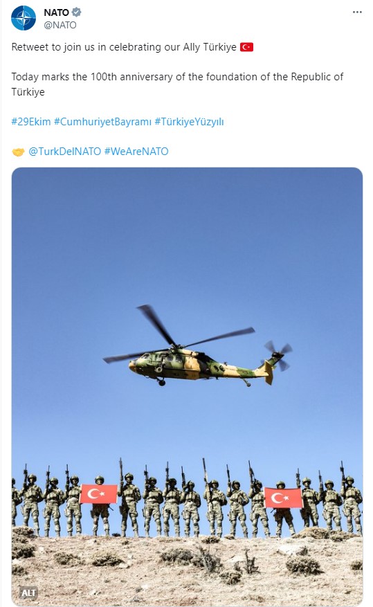 NATO'dan Türkiye Cumhuriyeti'nin 100. yılı kutlaması