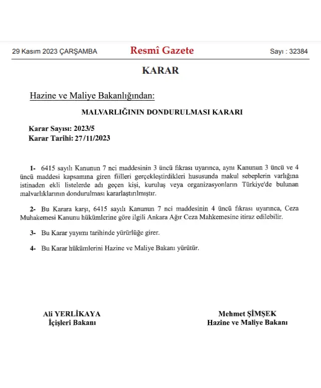 Resmi Gazete'de yayımlandı! 62 kişi ve 20 kuruluşun malvarlıkları donduruldu