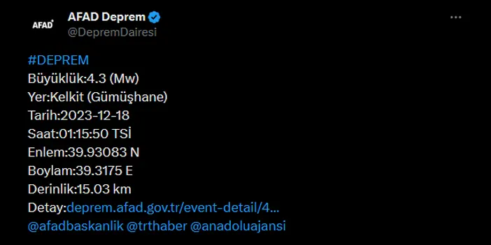 Komşu ilde 4.3'lük deprem! Trabzon'da da hissedildi