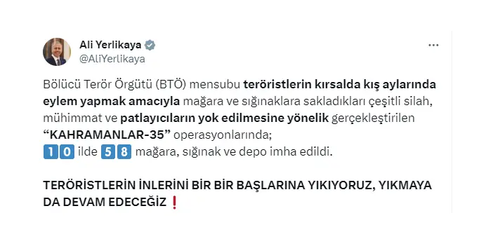 10 ilde 58 mağara! Sığınak ve depolar imha edildi