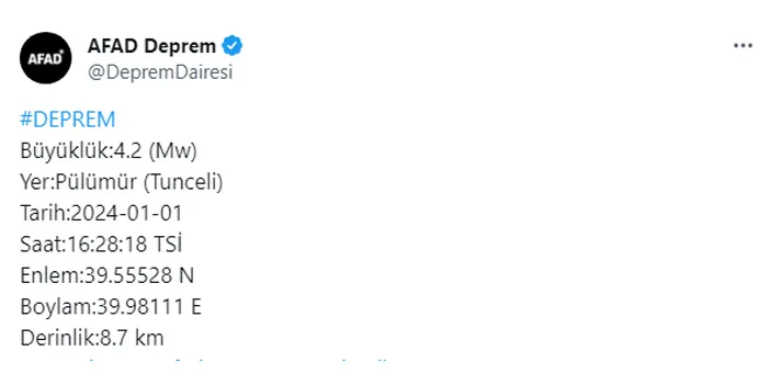 AFAD açıkladı! Tunceli’de 4.2 büyüklüğünde deprem