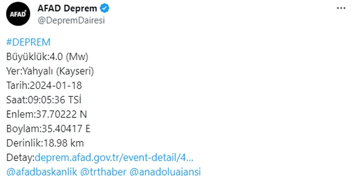 Kayseri’de 4 büyüklüğünde deprem!