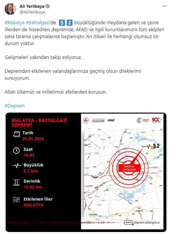 Malatya’da 5.2 büyüklüğünde deprem
