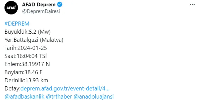 Malatya’da 5.2 büyüklüğünde deprem