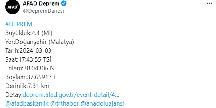Malatya'da 4.4 büyüklüğünde deprem!