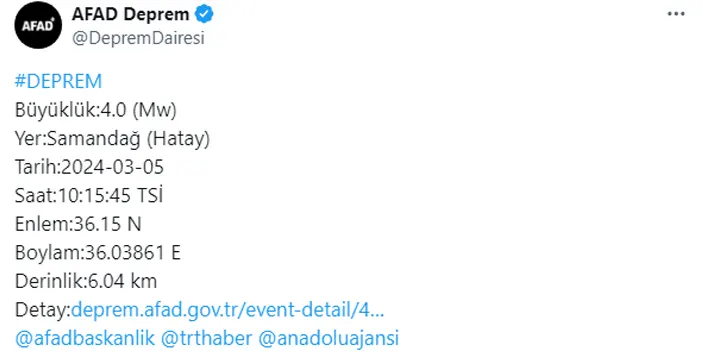 Hatay'da korkutan deprem! AFAD büyüklüğünü açıkladı