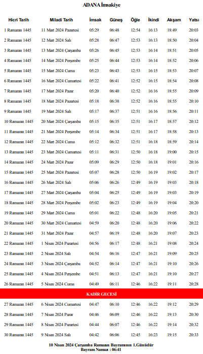 2024 Adana İmsakiyesi – Adana 'da sahur ve iftar saat kaçta?