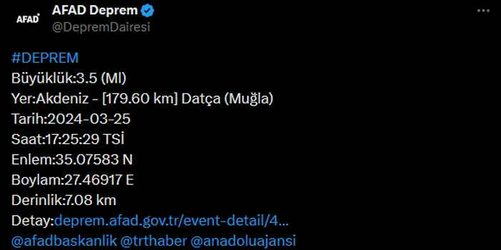 Muğla açıklarında deprem! AFAD büyüklüğünü açıkladı