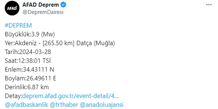 Muğla açıklarında deprem! İşte büyüklüğü