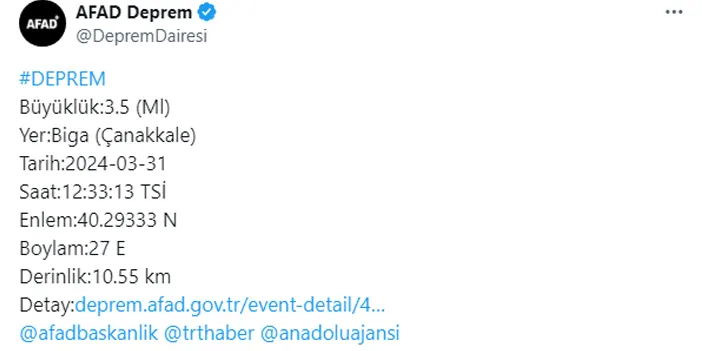 Çanakkale’de korkutan deprem! İşte büyüklüğü