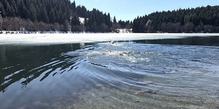 Artvin'de buz tutmuş Karagöl'e girdiler