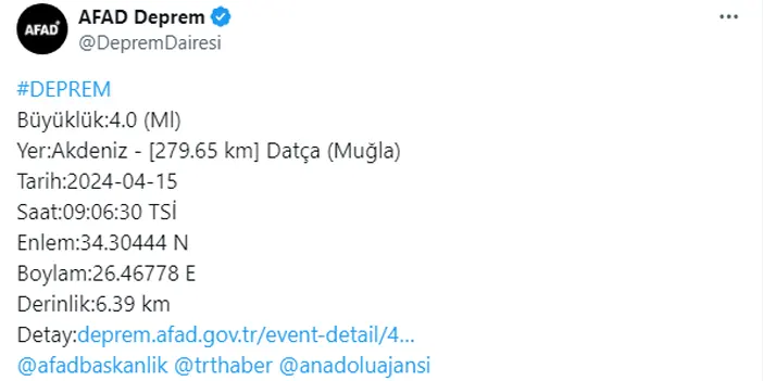 Muğla açıklarında deprem! AFAD büyüklüğünü açıkladı