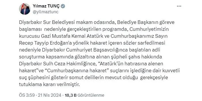 Atatürk'e ve Cumhurbaşkanı Erdoğan'a hakaret etmişti! Bakan Tunç gelişmeyi duyurdu