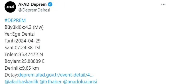 Ege Denizi'nde 4.2 büyüklüğünde deprem!