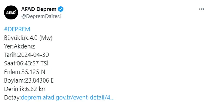 Akdeniz’de 4.0 büyüklüğünde deprem