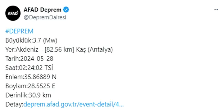 Antalya açıklarında gece saatlerinde deprem
