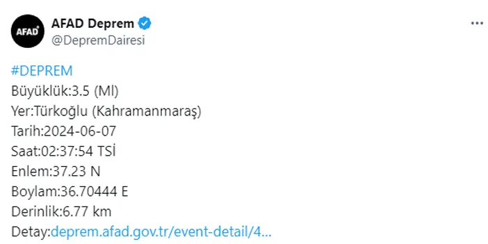 Gece saatlerinde Kahramanmaraş’ta 3.5 büyüklüğünde deprem