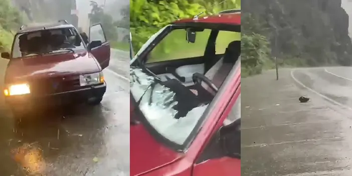 Rize'de yürekler ağza geldi! Kaya parçası yoldan geçen otomobile düştü 