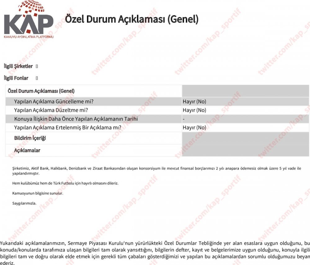 Trabzonspor'dan KAP'a banka açıklaması!