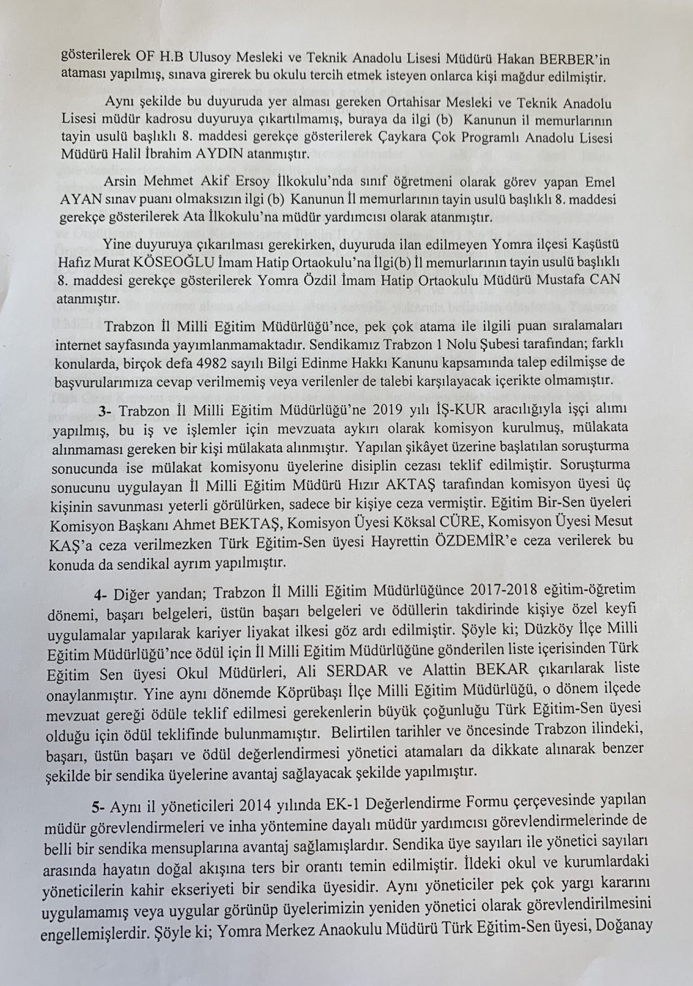 Türk Eğitim Sen Genel Sekreteri Musa Akkaş’tan şok Trabzon iddiaları…
