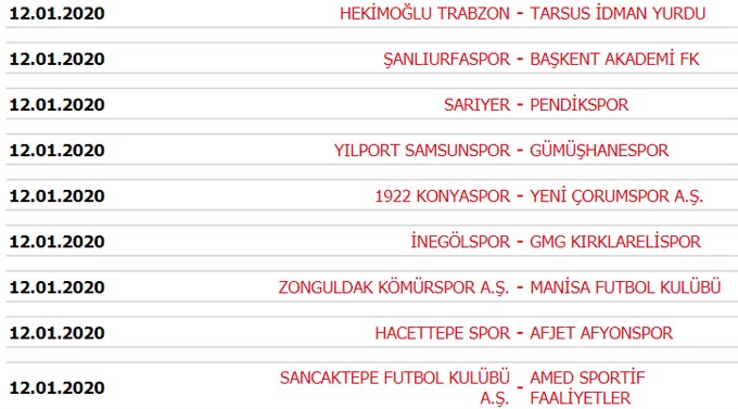 Süper Lig 15. Hafta maçları, puan durumu, 16. Hafta maç programı