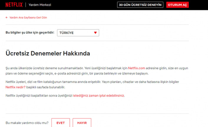 Netflix, Türkiye için ücretsiz deneme sürümünü kaldırdı