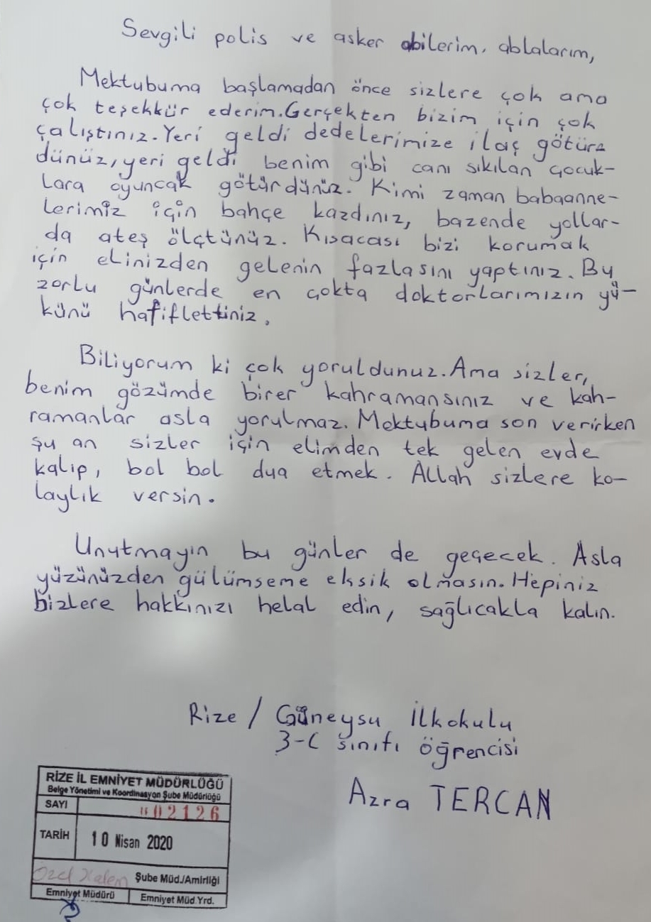 Minik Azra'dan güvenlik güçlerine duygulandıran mektup