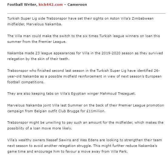 Trabzonspor'a iki Aston Villa'lı'yı yazdılar: Nakamba ve Trezeguet