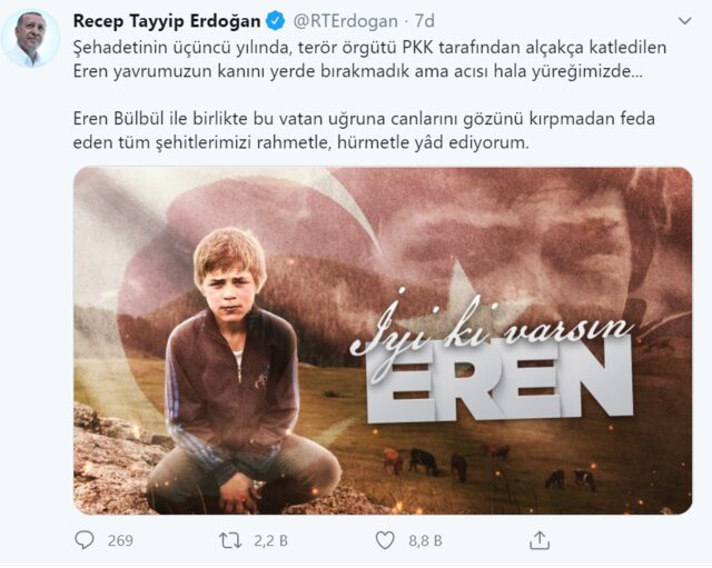 Erdoğan'dan Eren Bülbül paylaşımı