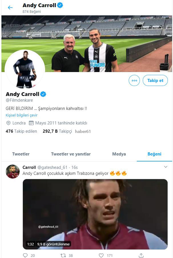 Andy Carrol Trabzonspor taraftarını heyecanlandırdı