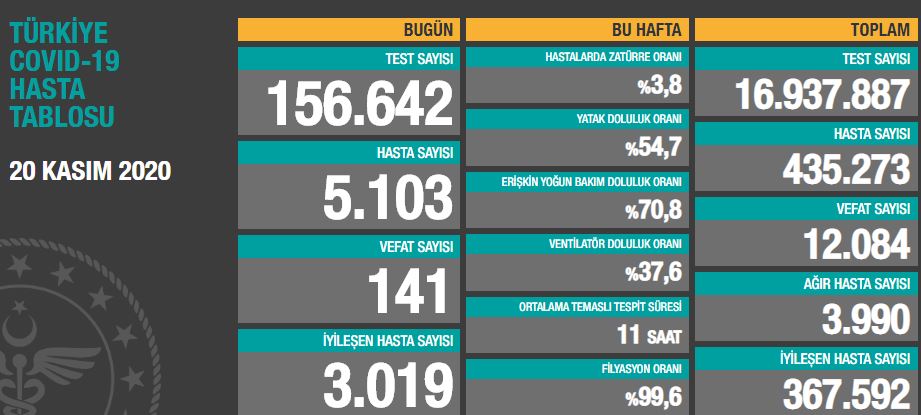 Türkiye'de günün koronavirüs raporu 20.11.2020