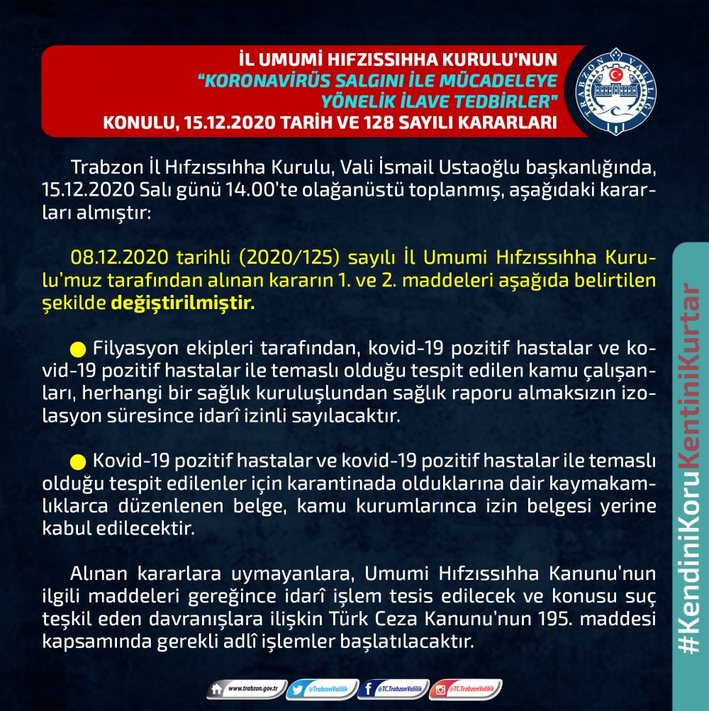 Trabzon valiliği açıkladı! İl Hıfzıssıhha Kurulu'ndan yeni kararlar