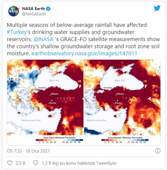NASA, Türkiye'deki kuraklıkla ilgili harita yayınladı