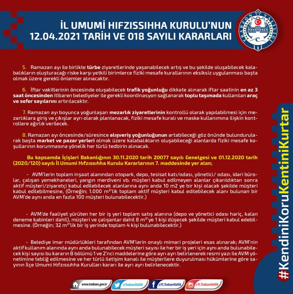 Trabzon İl Hıfzıssıhha Kurulu’ndan Ramazan kararları