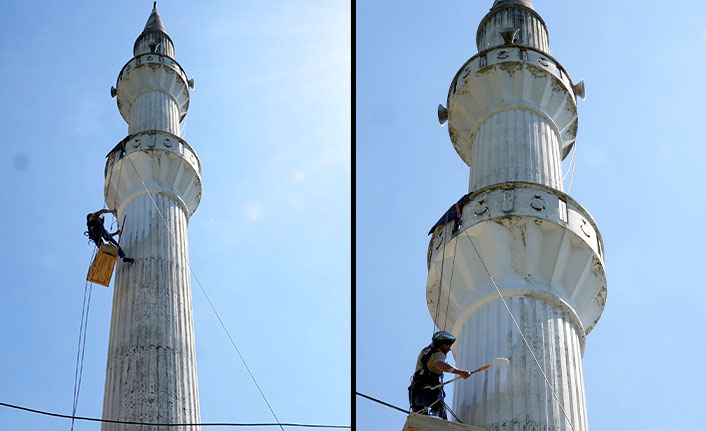 İmam minareyi boyamak için dağcılık eğitimi aldı