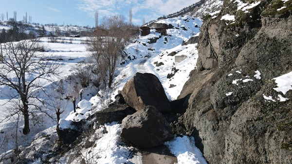 Artvin'de dev kaya yola düştü, köyün ulaşımı kapandı