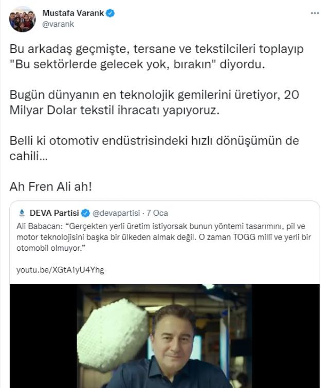 Bakan Varank, Ali Babacan'ın TOGG eleştirisine ateş püskürdü