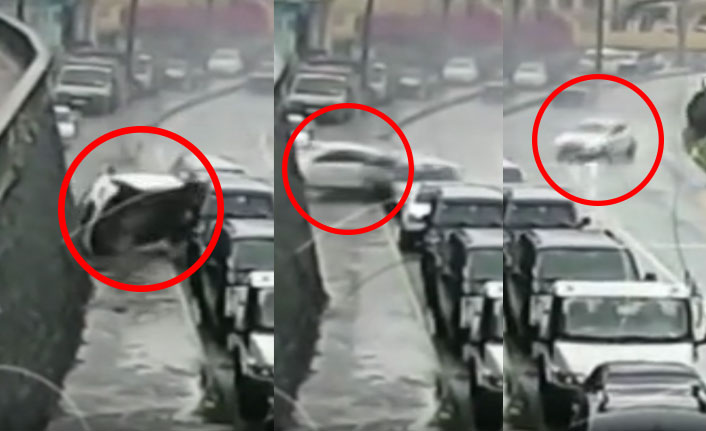 Trabzon'da otomobil kaldırıma çıkıp takla attı! Kaza anı kamerada