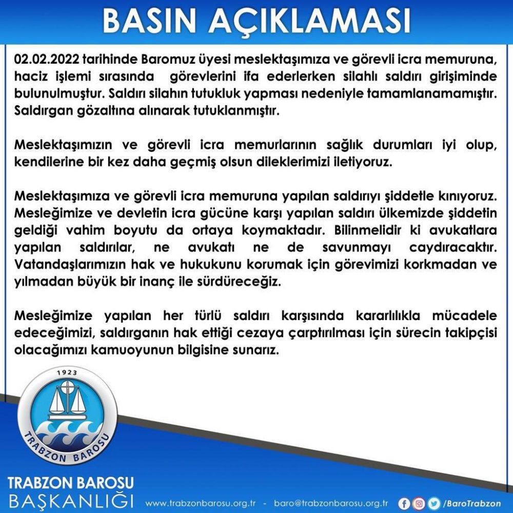 Trabzon’da avukat ve icra memuruna silahlı saldırı! 